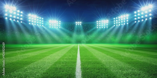 Football field with bright green grass and vibrant lights