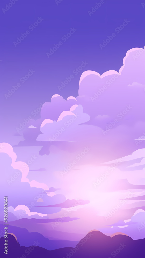 Evening cloudy sky purple. Anime style background with shining sun and white fluffy clouds. Sunny day sky scene cartoon vector illustration. Evening cloudy sky purple. Anime style background with shining sun and white fluffy clouds. Sunny day sky scene cartoon vector illustration.