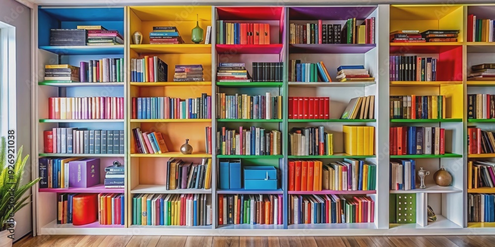 Vibrant and eye-catching bookshelves filled with colorful books and accessories , colorful, bookshelves Vibrant and eye-catching bookshelves filled with colorful books and accessories , colorful, bookshelves