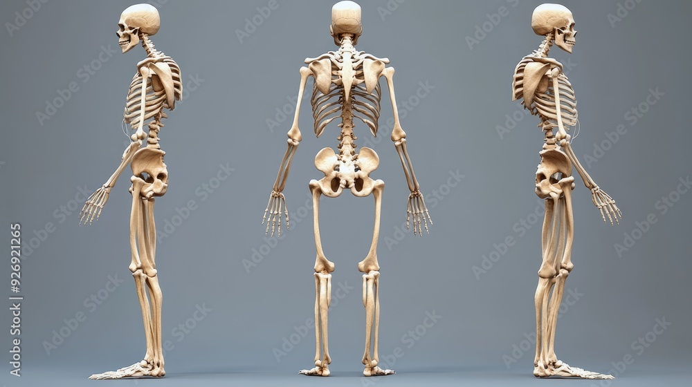 Human skeleton, standing pose with bones labeled, 3D illustration Human skeleton, standing pose with bones labeled, 3D illustration