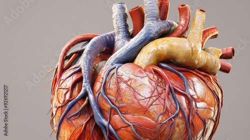 Human heart, anatomical cross-section, arteries and veins highlighted, 3D illustration photo