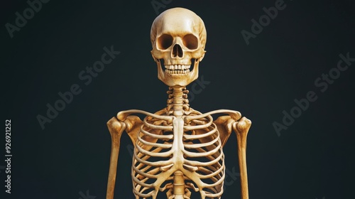 Human skeleton, standing pose with bones labeled, 3D illustration photo