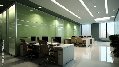 Green Themed Corporate Office with Sleek Design and Natural Lighting