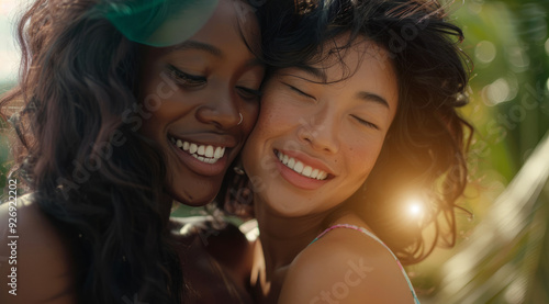 Interracial lesbian LGBTQ couple with long hair and smiling. Concept of inclusivity. photo