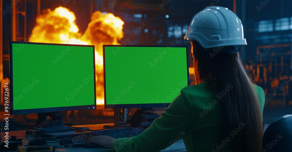 Caucasian Female Technician In Hardhat Working on a Desktop Computer with Green Screen Chromakey Mock-Up Display in a Factory Office. Autonomous Technological Research and Development Facility. Caucasian Female Technician In Hardhat Working on a Desktop Computer with Green Screen Chromakey Mock-Up Display in a Factory Office. Autonomous Technological Research and Development Facility.