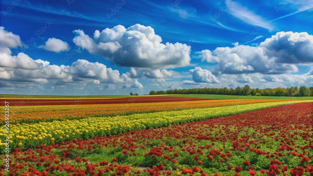 Vibrant field of flowers in fluffy clouds against blue sky, flowers, field, vibrant, fluffy clouds, blue sky, nature, scenic Vibrant field of flowers in fluffy clouds against blue sky, flowers, field, vibrant, fluffy clouds, blue sky, nature, scenic