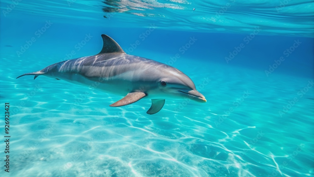 Fototapeta premium Dolphin gracefully swimming in clear blue water, dolphin, marine, ocean, mammal, wildlife, aquatic, water, underwater, graceful
