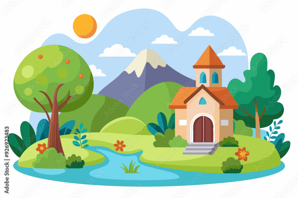 Fototapeta premium A Cartoon Cottage in a Picturesque Green Landscape with a River