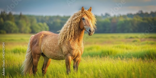 Curly haired Bashkir horse standing in a field, Bashkir, curly, horse, animal, mammal, equine, curly coat, unique, rare breed, Russia photo