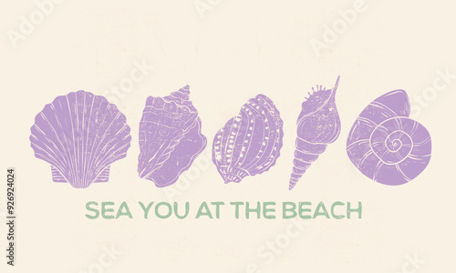 Sea you at the beach. Seashell graphic print design for t shirt. Sound of the sea.