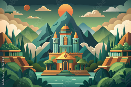 A Majestic Castle nestled amongst verdant mountains and a serene lake