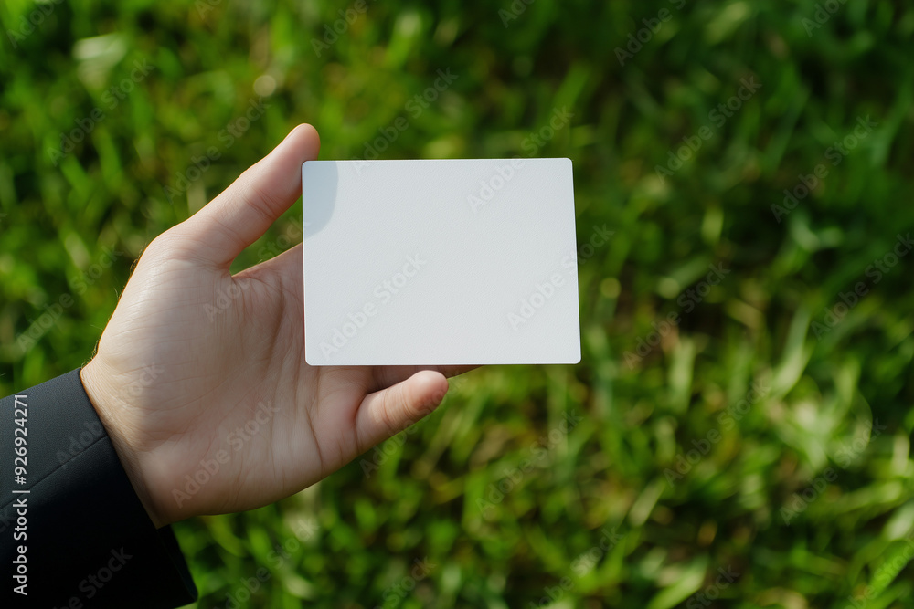 A close-up photo of an elegant hand in business attire holding a blank business card set against the backdrop of lush green grass A close-up photo of an elegant hand in business attire holding a blank business card set against the backdrop of lush green grass