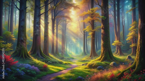 Enchanting forest with a beautiful melding of warm and cold seasons , Dual seasons, lush, warmth, wintry, cold, atmospheric