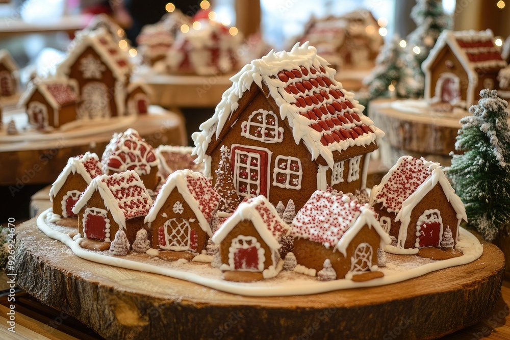 Fototapeta premium A gingerbread house decorated with red and white icing