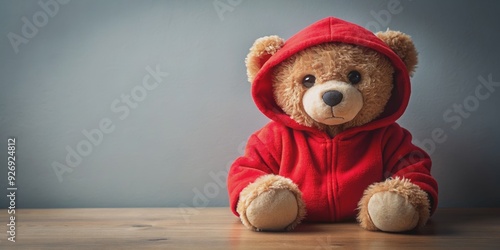 Teddy bear wearing a red hoodie, cute, plush, toy, stuffed animal, sweater, cozy, adorable, fluffy, kids, children, playtime photo