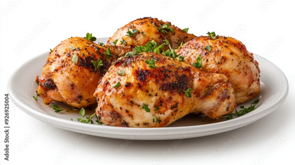 Herb-roasted chicken thighs on white plate Herb-roasted chicken thighs on white plate