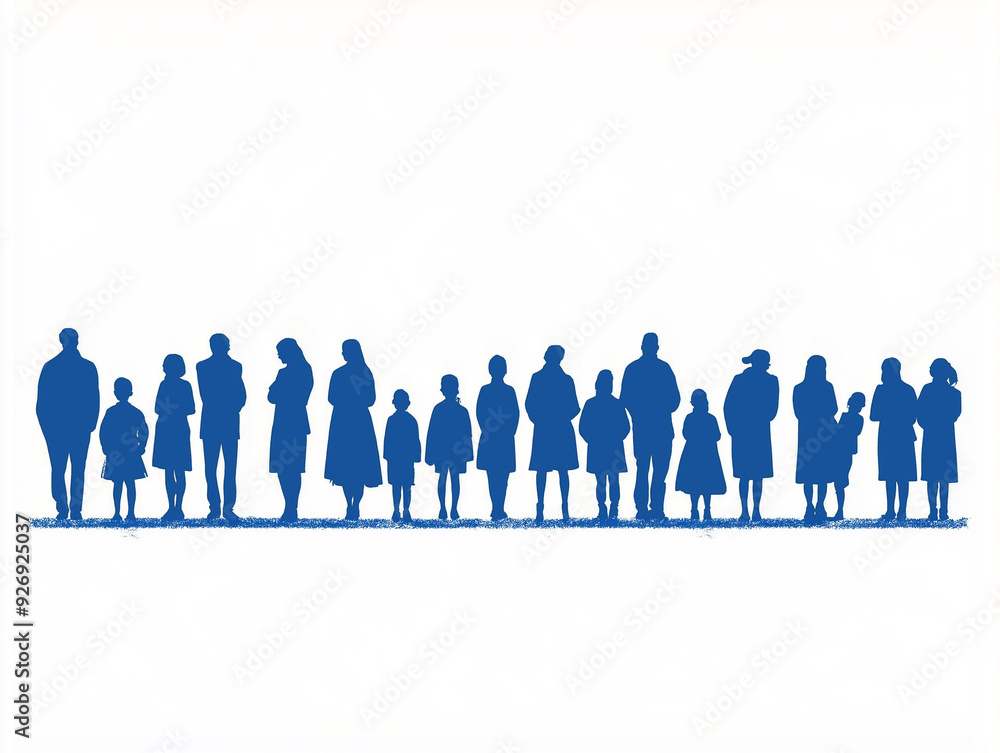 Blue Silhouettes of a Group of People Standing in a Line Blue Silhouettes of a Group of People Standing in a Line