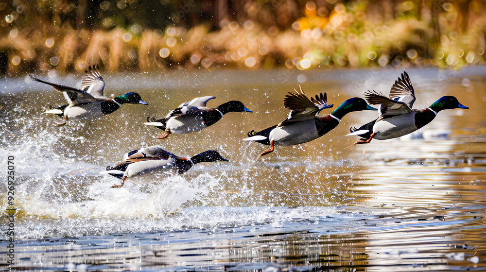 Fototapeta premium A flock of male ring necked ducks takes to the air in pursuit of a female creating a dynamic and graceful scene as they escape the water s surface