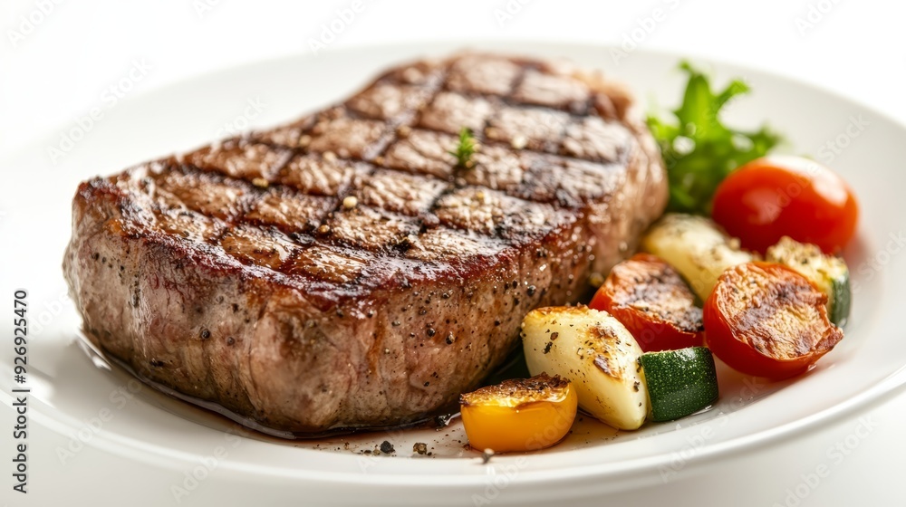 Grilled steak with roasted vegetables on plate