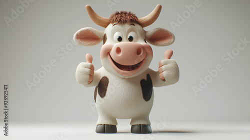 Happy smiling funny ginger cow cartoon character in 3d design style showing thumbs up gesture on white background. Cute fantasy animals concept