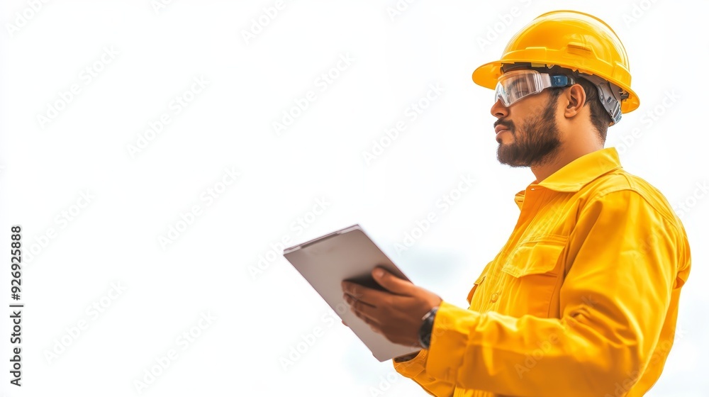 Construction worker in safety gear using a tablet for on-site management, representing modern technology in the construction industry. Construction worker in safety gear using a tablet for on-site management, representing modern technology in the construction industry.