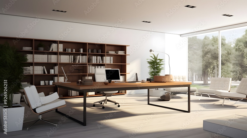 Fototapeta premium Sleek Modern Office with Floor-to-Ceiling Windows, Offering Panoramic Views and a Professional Work Environment
