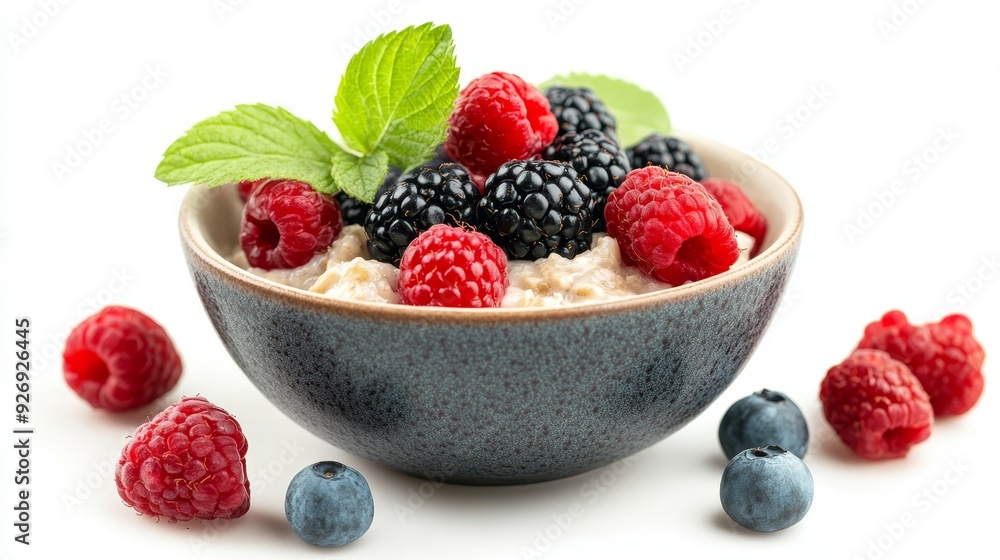 Bowl of oatmeal with fresh berries and mint Bowl of oatmeal with fresh berries and mint