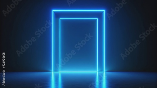 Futuristic blue neon rectangular doorframe on dark background, creating a sleek visual effect, neon, blue, doorframe, futuristic