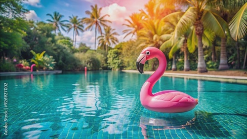 Vibrant flamingo float on serene pool water, inflatable, vibrant, flamingo, float, pool, water, summer, fun, relaxation