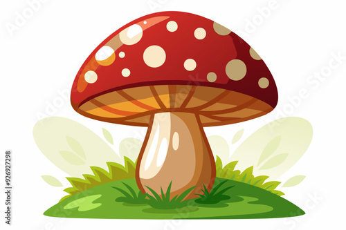 Cartoon Red and White Spotted Mushroom in Grass