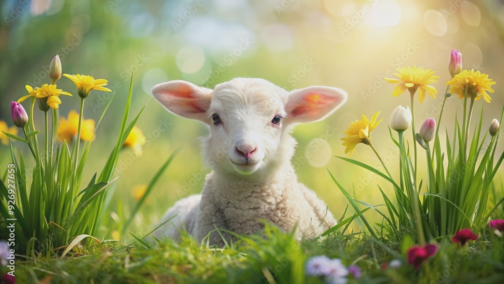 Charming Easter lamb surrounded by springtime flora, Easter, lamb,charming, soft fur, springtime, flora, cute, cuddly Charming Easter lamb surrounded by springtime flora, Easter, lamb,charming, soft fur, springtime, flora, cute, cuddly