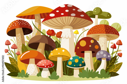 A Colorful Collection of Mushrooms Growing in a Forest Clearing