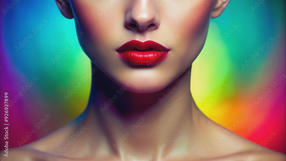 Stylized partial face with luscious lips and sleek nose against a multicolored gradient background, face, lips, nose Stylized partial face with luscious lips and sleek nose against a multicolored gradient background, face, lips, nose