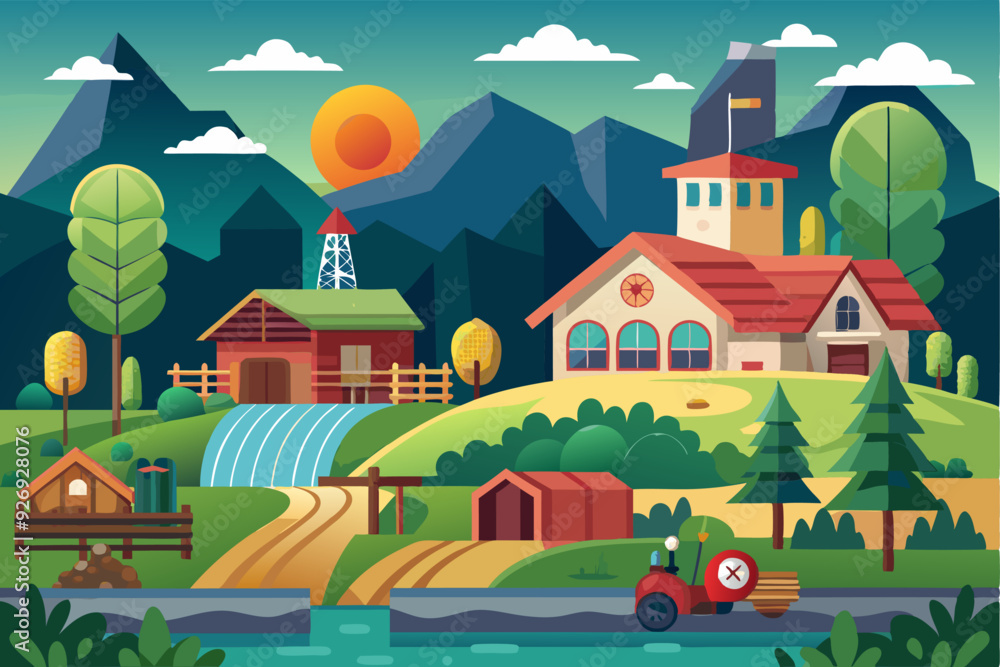 Rural Landscape with a Farmhouse, Mountains, and a River Rural Landscape with a Farmhouse, Mountains, and a River