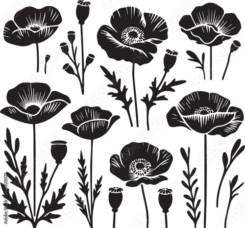 poppy flower black silhouette illustration vector Set, Poppy flower silhouette,