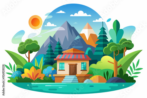 Colorful Mountain Landscape with Cabin, Trees, and Water