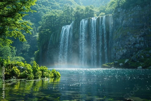 A waterfall is flowing into a lake with a green forest in the background