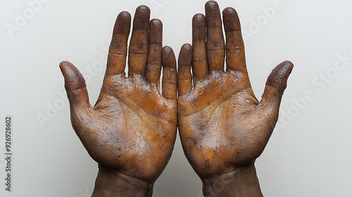 Male hands affected by blistering rash because of monkeypox or other viral infection on white background, copy space photo