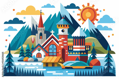 A Stylized Village Nestled Among Mountains and a Lake