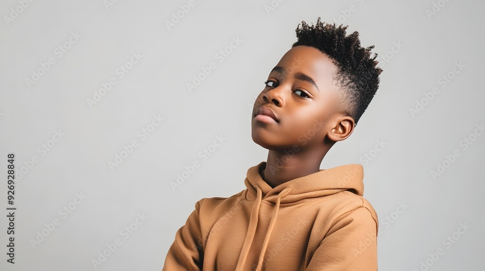 Thoughtful African Teen Boy in Trendy Outfit Stands with Contemplative Expression Thoughtful African Teen Boy in Trendy Outfit Stands with Contemplative Expression