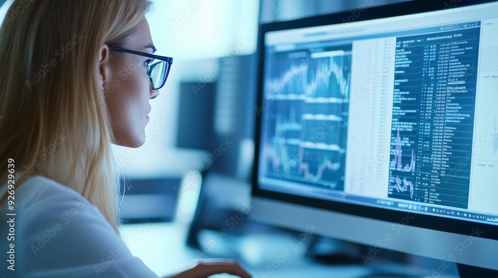 Businesswoman Analyzing Financial Data on Computer Screen Businesswoman Analyzing Financial Data on Computer Screen