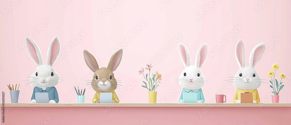 business team of Rabbit in a casual business outfit, pastel co-working space background, friendly and efficient worker with text copy space business team of Rabbit in a casual business outfit, pastel co-working space background, friendly and efficient worker with text copy space
