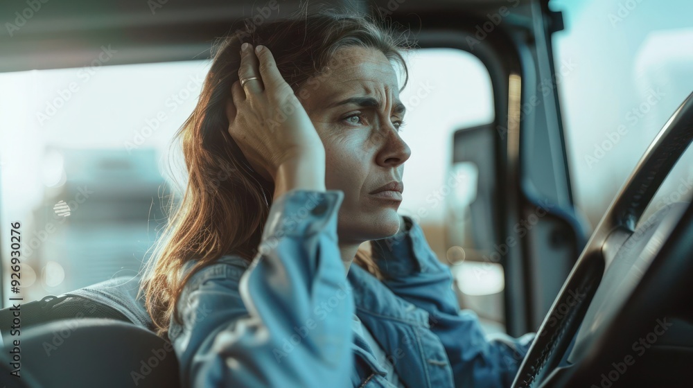 Female bus driver having headache while sitting behind steering wheel. Female bus driver having headache while sitting behind steering wheel.
