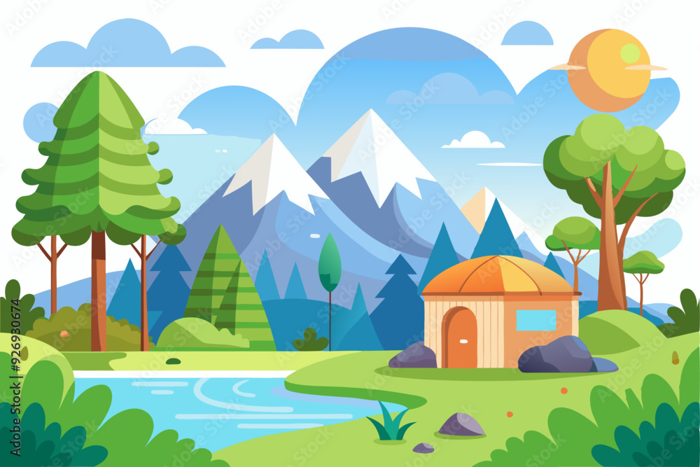 Naklejka premium Mountainous Landscape with a Cabin, River, and Trees