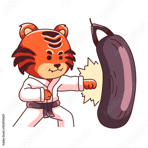 karate tiger hitting punching bag cartoon illustration. tiger character wearing karate clothes and black belt. hand drawn on white background