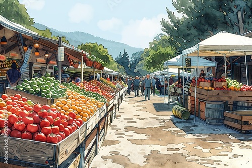 A painting of a market with a lot of fruit and vegetables photo