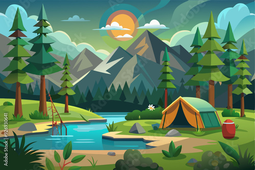 Mountainous Camping Landscape with Tent and River