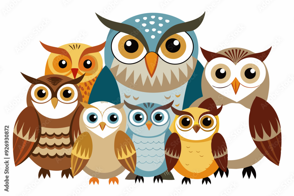 Obraz premium A Group of Seven Cartoon Owls with Big Eyes