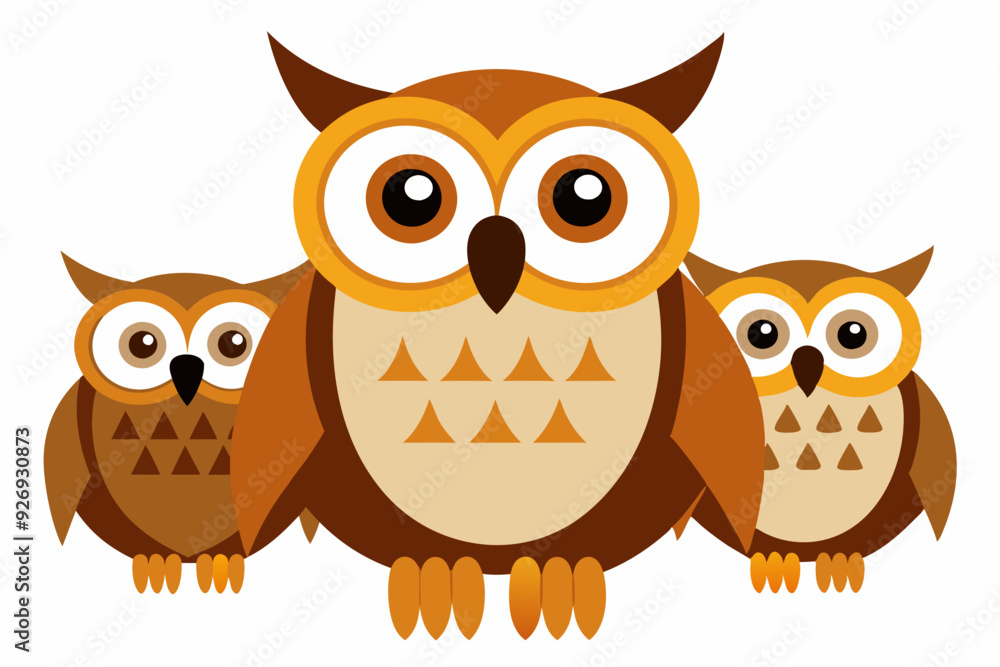 Fototapeta premium Three Cartoon Owls with Brown and Orange Feathers
