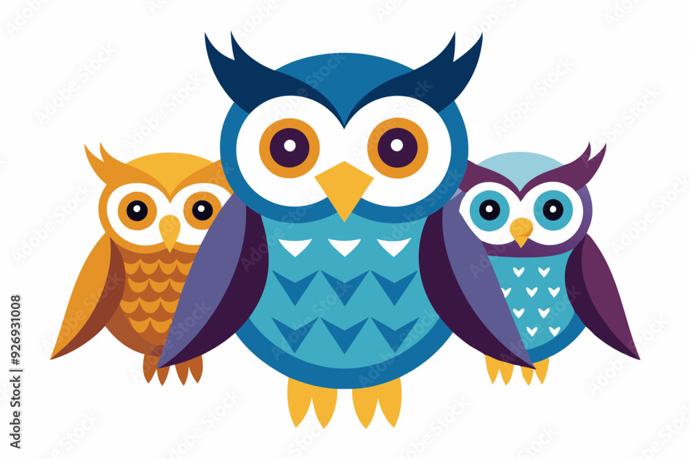 Three Cartoon Owls with Different Colored Feathers